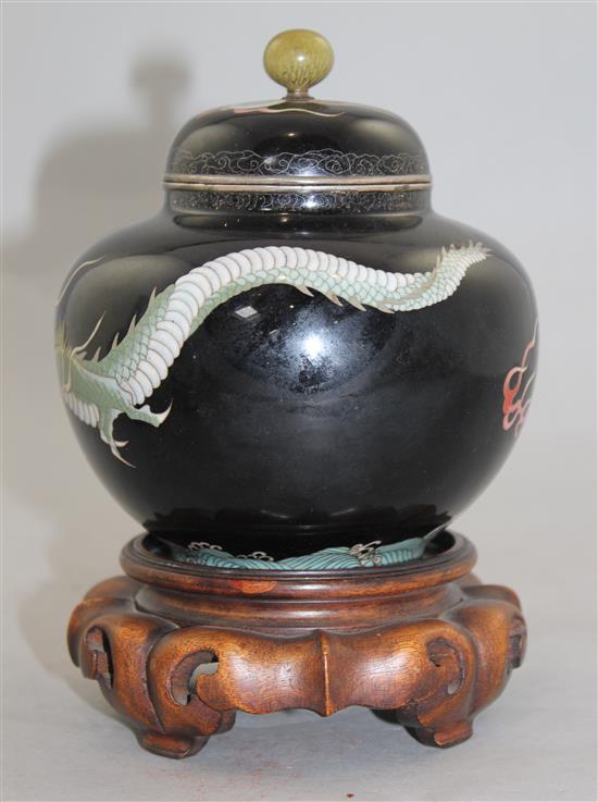 A Japanese silver wire cloisonne enamel dragon jar and cover, Nagoya school, Meiji period, 12.5cm diam., wood stand